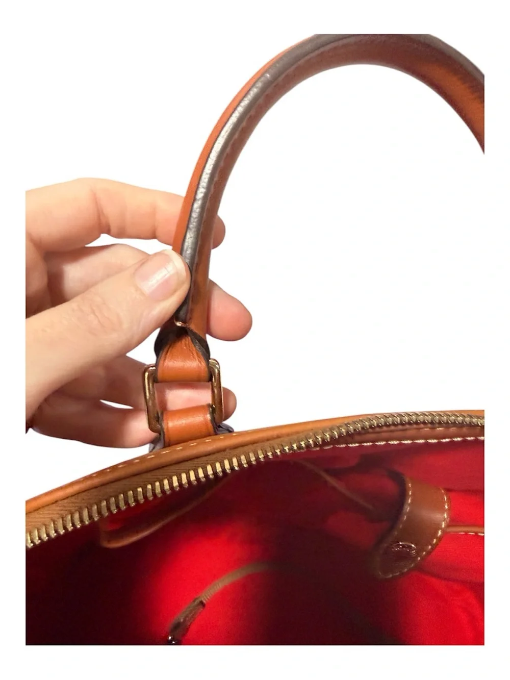 Dooney & Bourke Cognac Pebbled Leather Satchel with Crossbody Strap Dome Zip Zip
